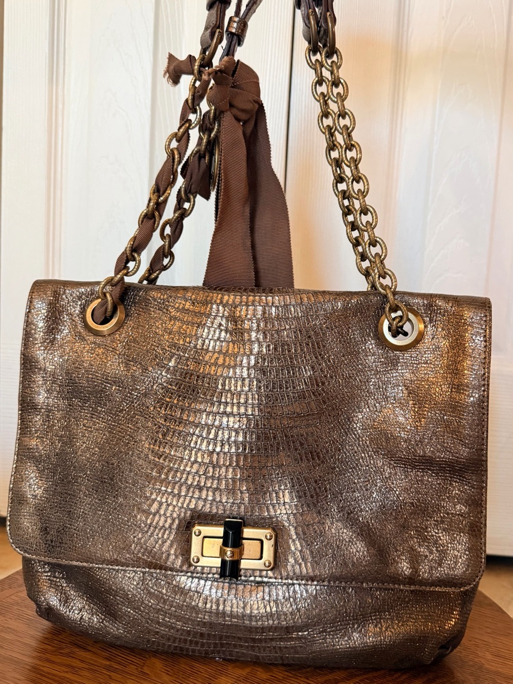LANVIN Happy Flap Lizard-Embossed Metallic Bag with Chain Straps - 9”x12”x2”
